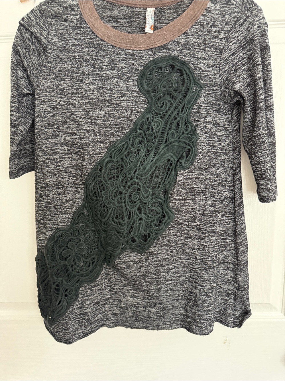 Free People Gray Heather Long Sleeve Top with Dark Green Lace Appliqué